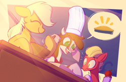 Size: 2200x1440 | Tagged: safe, artist:scribble-potato, imported from derpibooru, applejack, sprout cloverleaf, cow, earth pony, pony, them's fightin' herds, apple, arizona (tfh), baking, book, bowl, chef's hat, community related, cookbook, eyes closed, female, food, g5, hat, hatless, male, mare, missing accessory, mixing bowl, ponytober, smiling, stallion