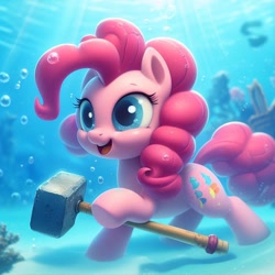 Size: 1024x1024 | Tagged: safe, imported from derpibooru, pinkie pie, earth pony, pony, ai content, blue eyes, bubble, coral, crepuscular rays, g4, hammer, happy, ocean, open mouth, open smile, pink mane, pink tail, prompter:pinkiepiepics, seaweed, smiling, solo, sunlight, swimming, tail, teeth, underwater, water