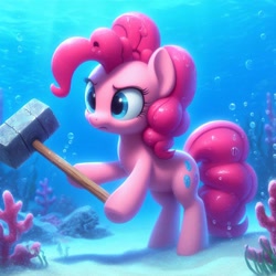 Size: 1024x1024 | Tagged: safe, imported from derpibooru, pinkie pie, earth pony, pony, ai content, blue eyes, bubble, coral, crepuscular rays, determined, g4, hammer, holding, ocean, pink mane, pink tail, prompter:pinkiepiepics, seaweed, smiling, solo, sunlight, swimming, tail, teeth, underwater, water