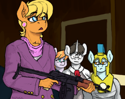 Size: 1948x1551 | Tagged: safe, artist:reddthebat, imported from derpibooru, copper top, ms. harshwhinny, raven, anthro, earth pony, unicorn, drum magazine, eyebrows, eyebrows visible through hair, female, guardian angel (g4), guardsmare, gun, mare, rifle, royal guard, weapon