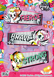 Size: 3818x5354 | Tagged: safe, imported from derpibooru, applejack, fluttershy, rainbow dash, earth pony, pegasus, pony, female, halftone, kayou, logo, mare, official, scan, sticker sheet, text