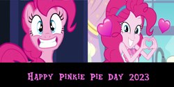 Size: 2000x1000 | Tagged: safe, artist:mlpfan3991, edit, edited screencap, imported from derpibooru, screencap, pinkie pie, earth pony, human, pony, equestria girls, equestria girls series, 2023, female, grin, heart, heart hands, pinkie pie day, smiling