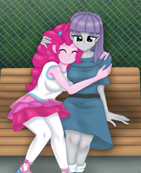 Size: 2975x3651 | Tagged: safe, artist:lennondash, imported from derpibooru, maud pie, pinkie pie, human, equestria girls, equestria girls series, bench, breasts, busty maud pie, busty pinkie pie, clothes, cute, diapinkes, duo, duo female, eyes closed, female, fence, hair, hairband, happy, high res, hug, maudabetes, pie sisters, rah rah skirt, sibling love, siblings, sisterly love, sisters, sitting, skirt, smiling, tanktop, teenager