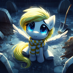 Size: 1024x1024 | Tagged: safe, oc:sweet cream, pegasus, pony, abuse, ai generated, blue eyes, clothes, crying, cute, depressing, dirt, female, filly, generator:bing image creator, graveyard, looking at you, looking up, looking up at you, prompter:breezysea, rain, sad, scarf, shovel, sitting, spread wings, teary eyes, tilted head, wet, wings, yellow mane, yellow scarf, yellow tail