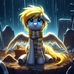 Size: 1024x1024 | Tagged: safe, oc, oc:sweet cream, pegasus, pony, abuse, ai generated, blue eyes, clothes, crying, cute, depressing, dirt, female, filly, generator:bing image creator, graveyard, looking at you, looking up, looking up at you, pegasus oc, prompter:breezysea, rain, sad, scarf, shovel, sitting, solo, spread wings, teary eyes, tilted head, wet, wings, yellow mane, yellow scarf, yellow tail