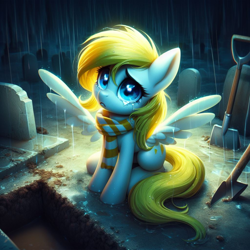 Size: 1024x1024 | Tagged: safe, oc, oc:sweet cream, pegasus, pony, abuse, ai generated, blue eyes, clothes, crying, cute, depressing, dirt, female, filly, generator:bing image creator, grave, graveyard, looking at you, looking up, looking up at you, pegasus oc, prompter:breezysea, rain, sad, scarf, shovel, sitting, solo, spread wings, teary eyes, tilted head, wet, wings, yellow mane, yellow scarf, yellow tail