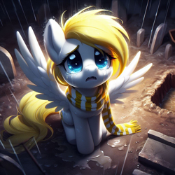 Size: 1024x1024 | Tagged: safe, oc, oc:sweet cream, pegasus, pony, abuse, ai generated, blue eyes, clothes, crying, cute, depressing, dirt, female, filly, generator:bing image creator, grave, graveyard, looking at you, looking up, looking up at you, pegasus oc, prompter:breezysea, rain, sad, scarf, shovel, sitting, solo, spread wings, teary eyes, tilted head, wet, wings, yellow mane, yellow scarf, yellow tail