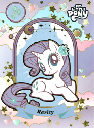 Size: 3800x5135 | Tagged: safe, imported from derpibooru, rarity, pony, unicorn, absurd file size, banner, cutie mark, female, kayou, logo, looking at you, mare, official, planet, scan, solo, stars, text