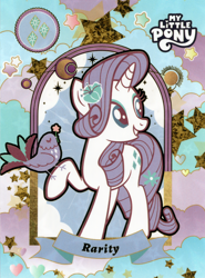 Size: 3800x5135 | Tagged: safe, imported from derpibooru, rarity, bird, pony, unicorn, absurd file size, banner, cutie mark, female, flower, flower in hair, kayou, logo, mare, official, raised hoof, scan, solo, stars, text, trading card