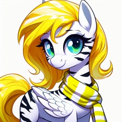 Size: 1024x1024 | Tagged: safe, oc, oc:sweet cream, pegasus, ai generated, clothes, generator:bing image creator, pegasus oc, prompter:breezysea, scarf, simple background, solo, striped, striped scarf, wings, yellow mane, yellow scarf, yellow tail, zebra stripes, zebradom