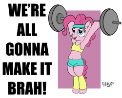 Size: 3395x2731 | Tagged: safe, artist:datzigga, imported from derpibooru, pinkie pie, earth pony, pony, belly button, bipedal, clothes, midriff, solo, sports bra, weight lifting, weights, workout outfit