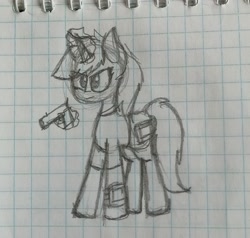 Size: 2976x2837 | Tagged: safe, artist:kruvvv, imported from derpibooru, oc, oc only, oc:littlepip, pony, unicorn, fallout equestria, angry face, concerned, female, glowing, glowing horn, graph paper, grumpy, gun, horn, levitation, looking at something, magic, magic aura, mare, pipbuck, simple background, sketch, solo, telekinesis, traditional art, unicorn oc, weapon, white background