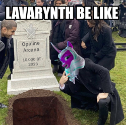 Size: 680x675 | Tagged: safe, edit, edited screencap, imported from derpibooru, screencap, opaline arcana, spoiler:g5, spoiler:my little pony: tell your tale, spoiler:tyts01e62, g5, gravestone, lavarynth, meme, my little pony: tell your tale, peace sign