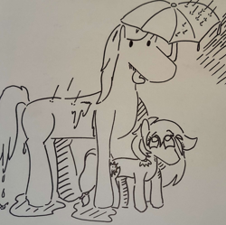 Size: 1000x996 | Tagged: safe, artist:otl crafts, imported from derpibooru, oc, oc:japanon, oc:sun showers, earth pony, horse, pony, inktober, inktober 2023, rain, traditional art, umbrella, wet, wet mane