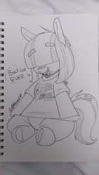 Size: 1152x2048 | Tagged: safe, artist:lockheart, imported from derpibooru, oc, oc only, oc:dot matrix, earth pony, pony, clothes, eyebrows, eyebrows visible through hair, female, grayscale, hair over eyes, mare, mare fair, monochrome, open mouth, open smile, pencil drawing, shirt, sitting, smiling, solo, t-shirt, traditional art