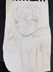 Size: 728x971 | Tagged: safe, artist:lockheart, imported from derpibooru, starlight glimmer, pony, unicorn, eye clipping through hair, female, grayscale, hi anon, mare, meme, monochrome, pencil drawing, solo, traditional art