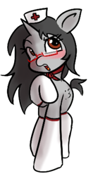 Size: 363x687 | Tagged: safe, artist:anonymare, oc, oc:miaumare, pony, unicorn, blushing, clothes, female, glasses, hat, horn, mare, nurse hat, open mouth, ponerpics community collab 2023, raised leg, simple background, socks, solo, transparent background