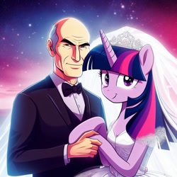 Size: 1024x1024 | Tagged: safe, imported from derpibooru, twilight sparkle, alicorn, human, pony, ai content, ai generated, clothes, crack shipping, crossover, crossover shipping, cursed image, dress, generator:bing image creator, god damn it discord, jean-luc picard, jewelry, not salmon, patrick stewart, prompter:jrshinkansenhorse, shipping, star trek, star trek: the next generation, tiara, tuxedo, twicard, twilight sparkle (alicorn), wat, wedding dress