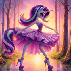 Size: 1024x1024 | Tagged: safe, imported from derpibooru, starlight glimmer, anthro, unicorn, ai content, ai generated, backlighting, breasts, clothes, dress, eyeshadow, female, forest, generator:dall-e 3, high heels, lidded eyes, looking down, makeup, outdoors, platform heels, pond, shoes, side view, skirt, solo, stiletto heels, strapless, strapless dress, swamp, tree, walking, water