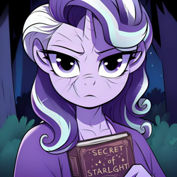 Size: 750x750 | Tagged: safe, imported from derpibooru, starlight glimmer, anthro, unicorn, spoiler:g5, age progression, ai content, ai generated, alternate timeline, alternate universe, background trees, book, elderly, female, female focus, focus, forest, g4, g5, generator:dall-e 3, grey hair, high res, holding, holding book, horn, looking at you, mare, my little pony: make your mark, my little pony: make your mark chapter 6, older, older starlight glimmer, secrets of starlight, simple background, solo focus, text, tree, unicorn horn, white hair, wrinkles