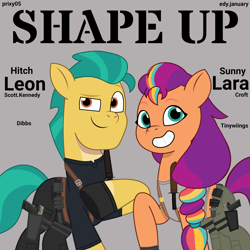 Size: 1280x1280 | Tagged: safe, artist:edy_january, artist:prixy05, edit, editor:edy january, imported from derpibooru, hitch trailblazer, sunny starscout, earth pony, pony, album, album cover, album parody, anget, belt, black shirt, call of duty, call of duty: warzone, clothes, combat knife, dibbs, duo, equipment, female, g5, gloves, gun, handgun, knife, lara croft, leon s. kennedy, leon scott kennedy, male, music, my little pony: tell your tale, pistol, rapper, rappers, resident evil, resident evil 4, resident evil 4 remake, shape up (songs), shipping, shirt, simple background, singing, song, song reference, straight, sunnyhitch, tactical, tanktop, tinywiings, tomb raider, usp, vector used, weapon