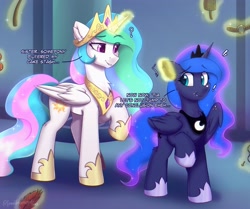 Size: 3172x2647 | Tagged: source needed, safe, artist:sonigiraldo, imported from derpibooru, princess celestia, princess luna, alicorn, pony, duo, female, interior, magic, mare, royal sisters, siblings, sisters, telekinesis