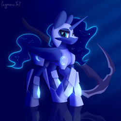 Size: 3000x3000 | Tagged: safe, artist:pegasusyay, imported from derpibooru, princess luna, alicorn, pony, armor, armored pony, female, looking at you, mare, raised hoof, solo, weapon