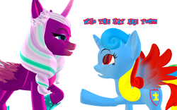 Size: 1920x1200 | Tagged: safe, artist:puzzlshield2, imported from derpibooru, opaline arcana, oc, oc:puzzle shield, alicorn, pony, 3d, crossover, dialogue, g4, g5, mlp fim's thirteenth anniversary, mmd, my little pony: make your mark, shocked