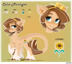 Size: 2250x2000 | Tagged: safe, alternate version, artist:zlatavector, imported from derpibooru, oc, oc only, oc:celia montigre, earth pony, pony, bow, chest fluff, commission, female, hat, long tail, mare, reference sheet, ribbon, solo, tail, unshorn fetlocks