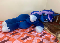 Size: 2377x1721 | Tagged: safe, artist:qtpony, imported from derpibooru, princess luna, bed, irl, life size, lying down, photo, plushie, solo