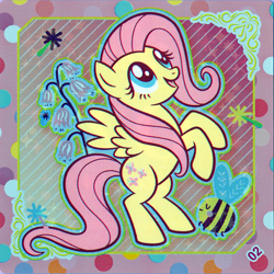 Size: 2898x2898 | Tagged: safe, imported from derpibooru, fluttershy, bee, insect, pegasus, female, flower, kayou, mare, official, open mouth, rearing, scan, solo