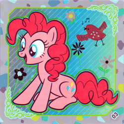 Size: 2898x2893 | Tagged: safe, imported from derpibooru, pinkie pie, bird, earth pony, female, flower, kayou, mare, music notes, official, open mouth, scan, sitting, solo