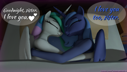 Size: 2880x1620 | Tagged: safe, artist:shadowboltsfm, princess celestia, princess luna, anthro, 3d, cuddling, dialogue