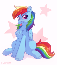 Size: 1712x1965 | Tagged: safe, artist:skysorbett, imported from derpibooru, rainbow dash, pegasus, pony, :p, chest fluff, eyebrows, female, g4, looking at you, mare, multicolored hair, rainbow hair, simple background, sitting, smiling, smiling at you, solo, starry eyes, stars, tongue out, wingding eyes