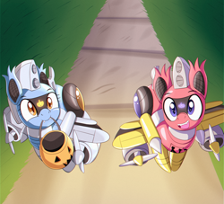 Size: 1900x1727 | Tagged: safe, artist:trackheadtherobopony, imported from derpibooru, oc, oc:silverstream, oc:trackhead, bat pony, original species, plane pony, pony, robot, robot pony, downward view, halloween, holiday, looking at you, plane, pumpkin bucket, trick or treat