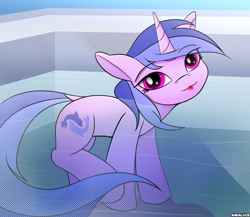 Size: 2300x2000 | Tagged: safe, artist:andaluce, imported from derpibooru, sea swirl, seafoam, pony, unicorn, :3, :p, background pony, cute, female, looking at you, mare, solo, swimming pool, tongue out