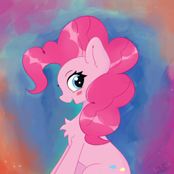 Size: 2500x2500 | Tagged: safe, artist:sketchik, imported from derpibooru, pinkie pie, earth pony, pony, blushing, chest fluff, cute, female, looking back, mare, side view, sitting, solo