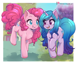 Size: 2433x2000 | Tagged: safe, artist:ponchik_art, imported from derpibooru, izzy moonbow, pinkie pie, earth pony, pony, unicorn, blurry background, bracelet, chest fluff, crossover, ear fluff, female, full body, g4, g5, happy, izzy and her heroine, jewelry, jumping, looking at each other, looking at someone, mare, mlp fim's thirteenth anniversary, open mouth, shadow, sparkles, teeth, unshorn fetlocks