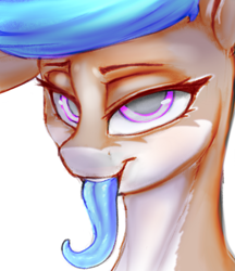 Size: 1637x1897 | Tagged: safe, artist:sketchy knight, imported from derpibooru, oc, oc:lissy fluffball, pony, bedroom eyes, blue tongue, female, lidded eyes, long tongue, looking at you, open mouth, smiling, smiling at you, teeth, tongue out