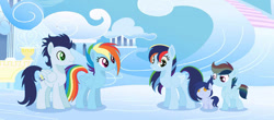 Size: 750x331 | Tagged: safe, artist:littsandy, imported from derpibooru, rainbow dash, soarin', oc, pegasus, pony, colt, female, filly, foal, male, mare, offspring, parent:rainbow dash, parent:soarin', parents:soarindash, shipping, soarindash, stallion, straight