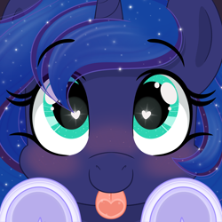 Size: 2048x2048 | Tagged: safe, artist:emberslament, imported from derpibooru, princess luna, alicorn, pony, :p, blushing, cute, happy, heart, heart eyes, heart tongue, licking, licking the fourth wall, lunabetes, solo, sparkly mane, tongue out, underhoof, wingding eyes