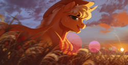 Size: 4473x2287 | Tagged: safe, artist:applehare, imported from derpibooru, applejack, earth pony, pony, cloud, female, field, high res, lens flare, looking at you, mare, open mouth, smiling, smiling at you, solo, sunset
