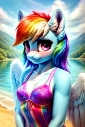 Size: 768x1152 | Tagged: safe, imported from derpibooru, rainbow dash, anthro, pegasus, ai content, ai generated, beach, blushing, breasts, bust, chest fluff, cleavage, clothes, cloud, cute, ear fluff, forest, forest background, generator:stable diffusion, lake, looking at you, prompter:endless--, sand, shirt, sky, small breasts, smiling, smiling at you, solo, spread wings, swimsuit, tree, water, wings