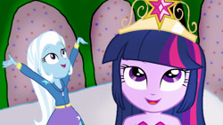 Size: 1440x810 | Tagged: safe, artist:bigpurplemuppet99, imported from derpibooru, trixie, twilight sparkle, equestria girls, crown, jewelry, regalia