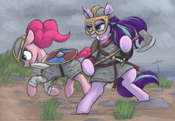 Size: 3000x2070 | Tagged: safe, artist:t72b, imported from derpibooru, pinkie pie, starlight glimmer, earth pony, pony, unicorn, armor, axe, belt, bipedal, chainmail, female, galloping, grass, grin, helmet, historical roleplay starlight, hoof hold, mare, mouth hold, ocean, shield, smiling, sword, viking, water, weapon, windswept mane