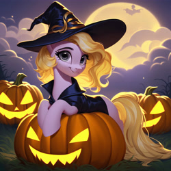 Size: 4096x4096 | Tagged: safe, imported from derpibooru, oc, oc:sophie hoofington, earth pony, pony, ai content, ai generated, clothes, costume, female, generator:purplesmart.ai, generator:stable diffusion, halloween, halloween costume, hat, holiday, leaning, leaning over, looking at you, moon, night, pumpkin, smiling, smiling at you, solo, solo female, witch hat