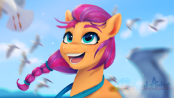 Size: 1920x1080 | Tagged: safe, artist:mythicalartist_, imported from derpibooru, sunny starscout, bird, earth pony, pony, seagull, 2022, bust, cute, female, g5, looking up, mare, open mouth, open smile, smiling, solo, sunnybetes, windswept mane