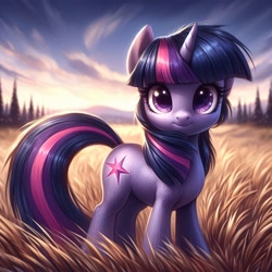 Size: 1024x1024 | Tagged: safe, imported from derpibooru, twilight sparkle, pony, unicorn, ai content, ai generated, alternate cutie mark, cloud, cute, female, food, generator:bing image creator, looking at you, mare, mountain, smiling, solo, tree, twiabetes, unicorn twilight, wheat