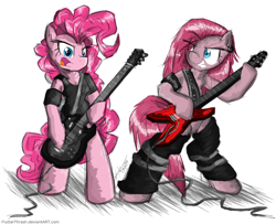 Size: 1000x813 | Tagged: safe, artist:flutterthrash, imported from derpibooru, pinkie pie, earth pony, semi-anthro, arm hooves, duality, duo, duo female, electric guitar, female, g4, guitar, heavy metal, mare, musical instrument, open mouth, pinkamena diane pie, rock (music), sharp teeth, tail, teeth, thrash metal