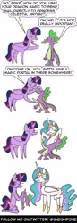 Size: 1000x2900 | Tagged: safe, artist:sneshpone, imported from derpibooru, princess celestia, spike, twilight sparkle, alicorn, dragon, pony, comic, dialogue, english, twilight sparkle (alicorn), wat